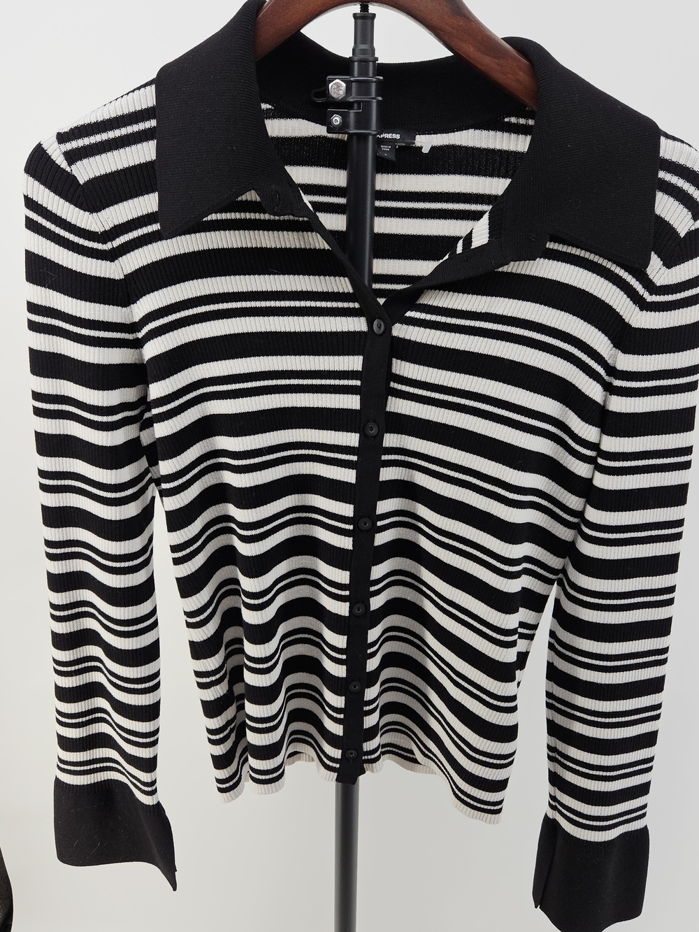 Express Black & White Striped Button-Up Knit Cardigan